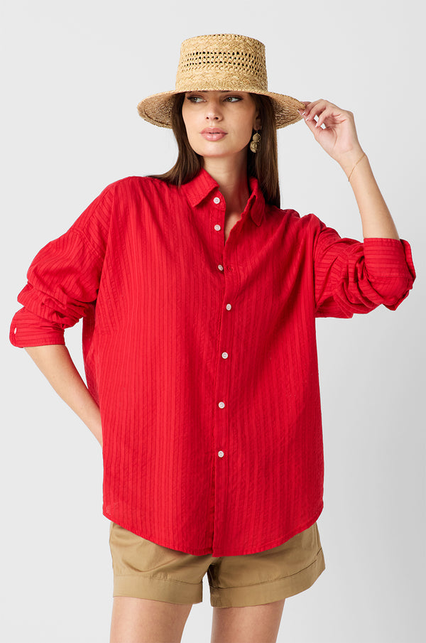Brunette Model wearing the lady & the sailor Sunday Shirt in Red Pointelle Stripe
