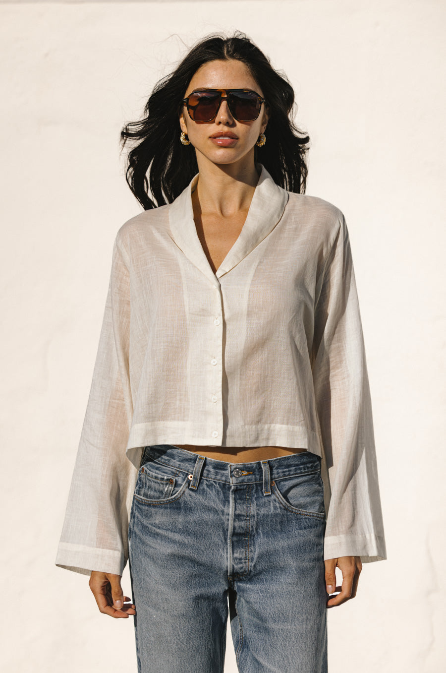 SHAWL COLLAR BLOUSE IN SHEER ECRU