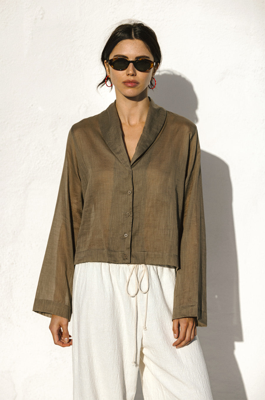 SHAWL COLLAR BLOUSE IN SHEER TAUPE