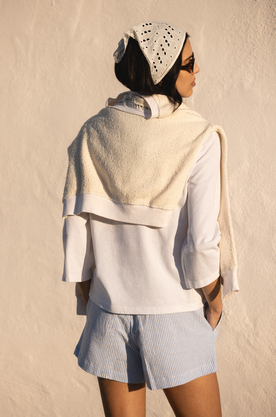 Breton Tee in white vintage cotton and Flutter Short in blue seersucker - the lady & the sailor