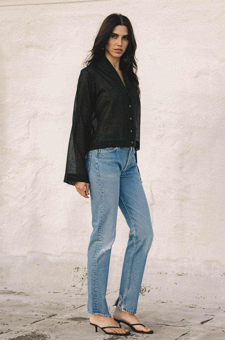 SHAWL COLLAR BLOUSE IN SHEER BLACK