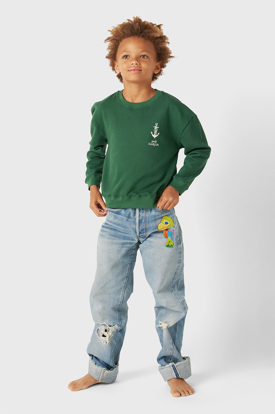 Model wearing Kids Petit Garçon Varsity Crewneck in Pine Organic Cotton little lady & petit sailor 