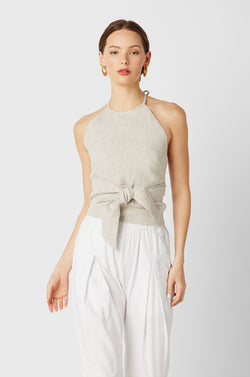 WRAP HALTER TOP IN NATURAL LINEN