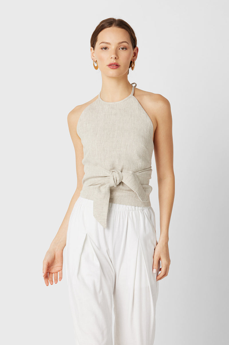 WRAP HALTER TOP IN NATURAL LINEN