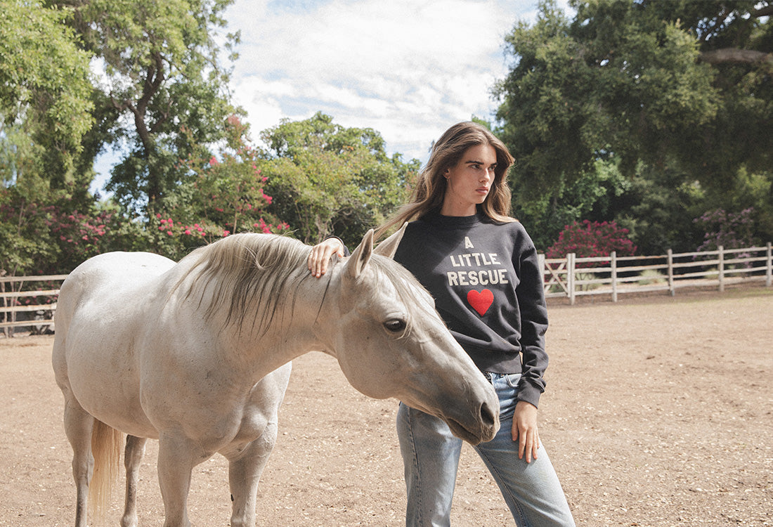 Model wearing the lady & the sailor x A Little Rescue sweatshirt standing next to a white horse