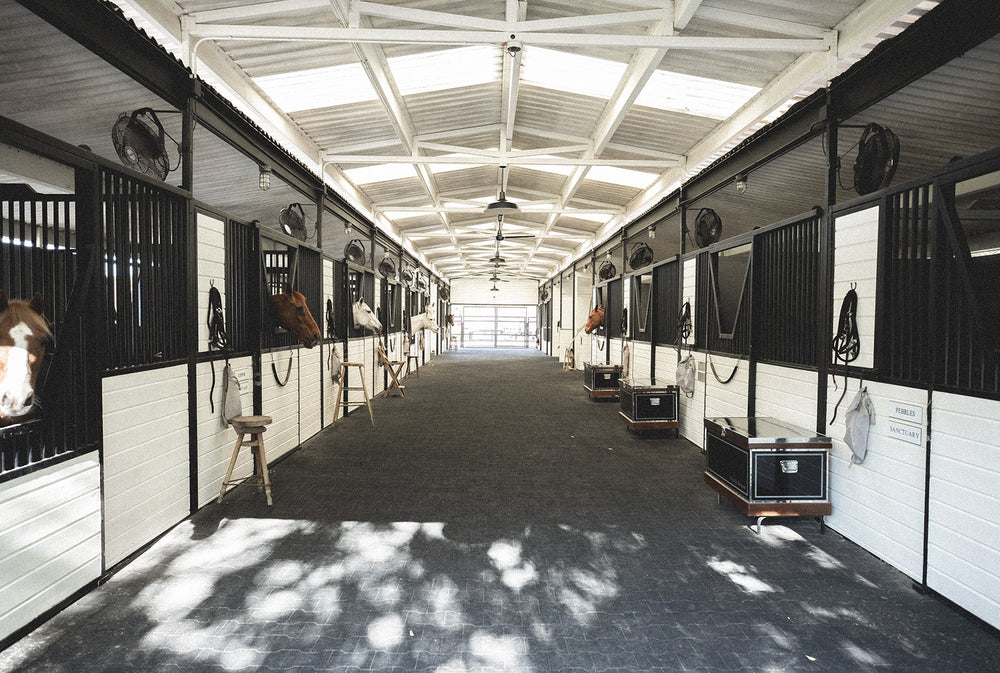 A white and black stable with horses 
