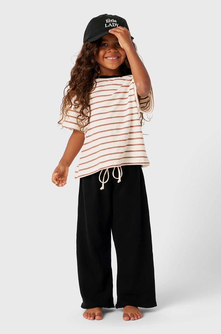 Model wearing Little Lady Baseball Cap in Black/White little lady & petit sailor