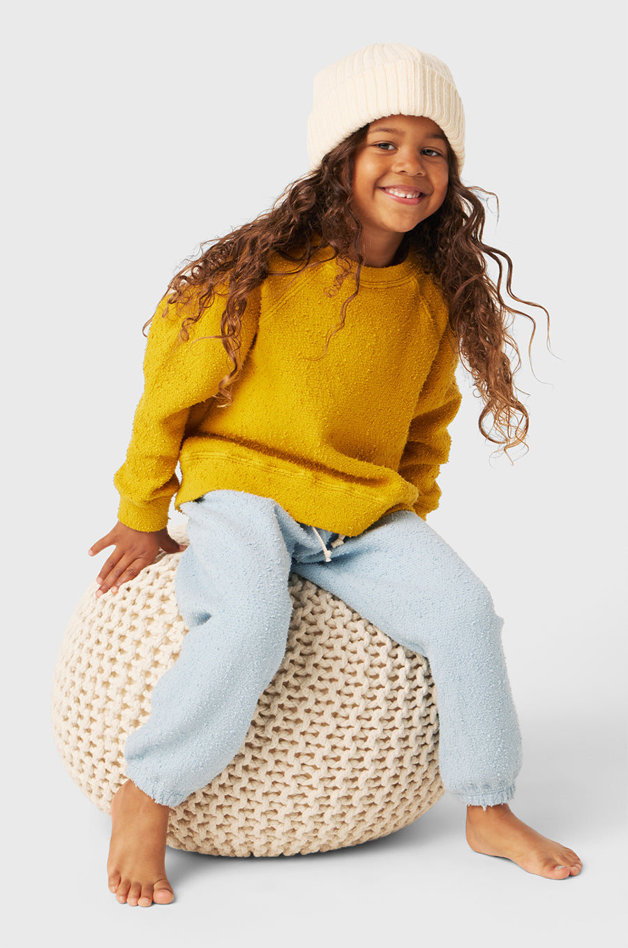 Model wearing Kids Vintage Sweatpants in Sky Blue Bouclé little lady & petit sailor