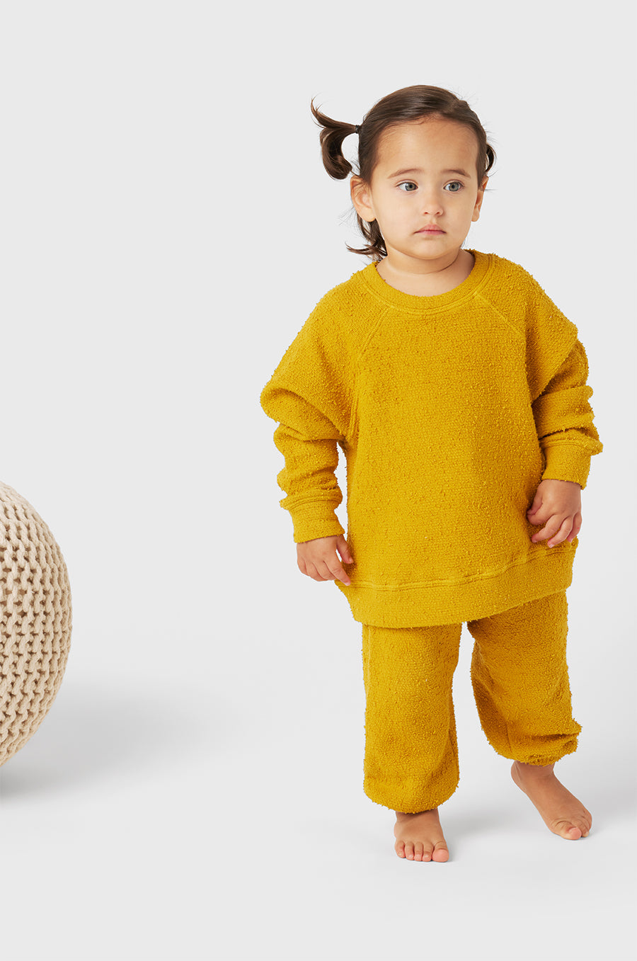 Model wearing Kids Vintage Sweatpant in Marigold Bouclé little lady & petit sailor