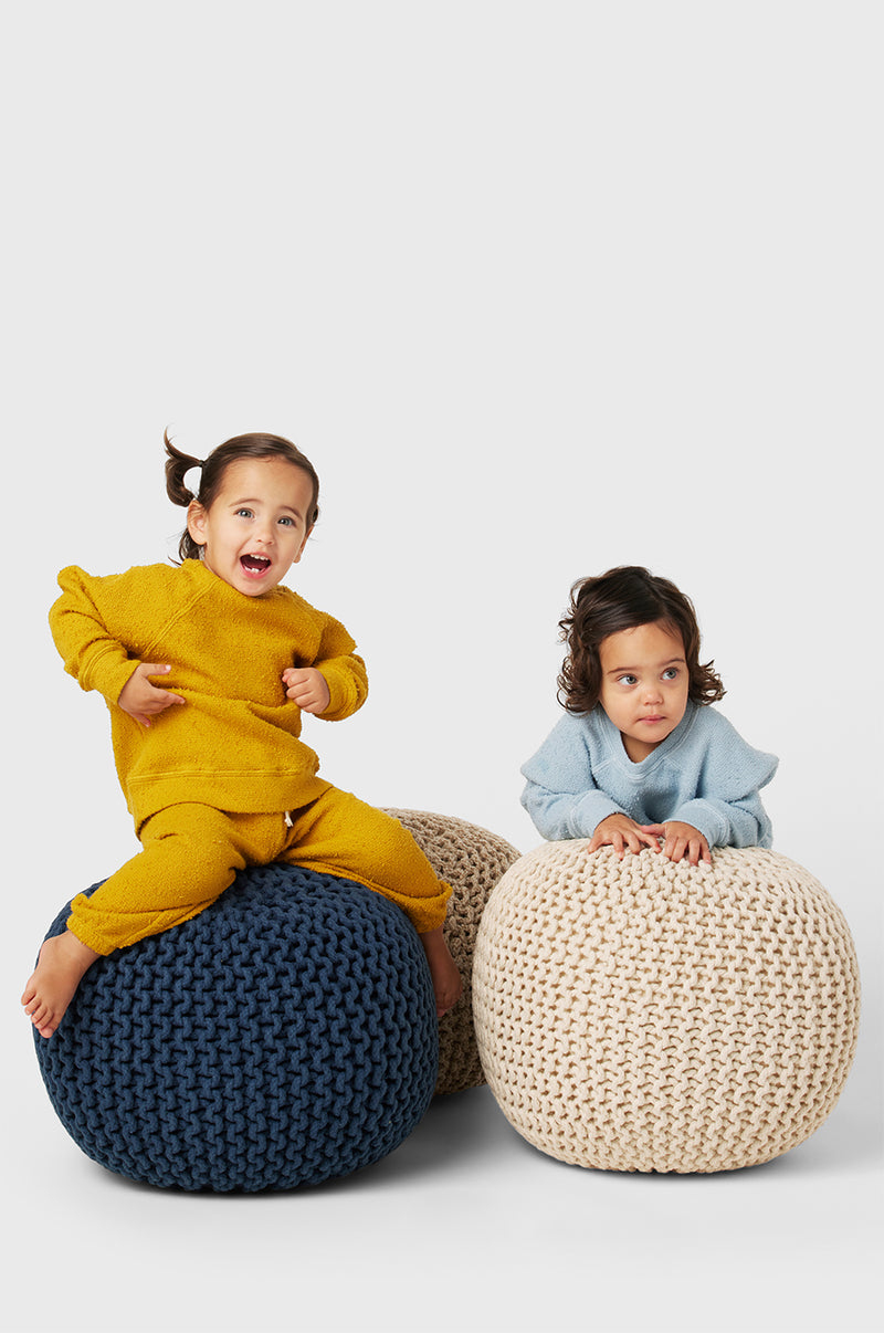 Model wearing Kids Vintage Sweatpant in Marigold Bouclé Kids yellow sweatshirt little lady & petit sailor