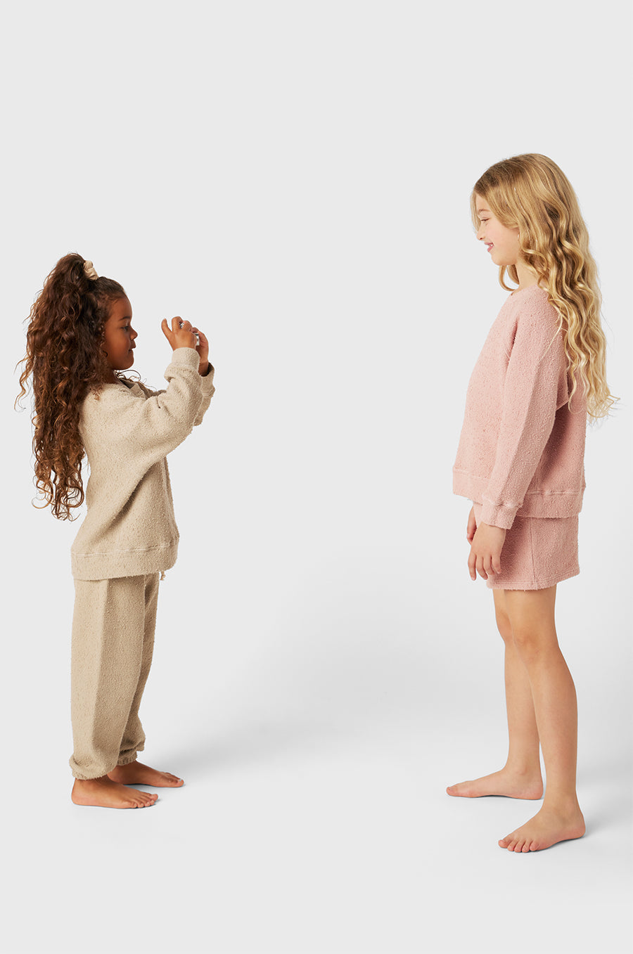 Model wearing Kids Vintage Sweatpants in Stone Bouclé little lady & petit sailor