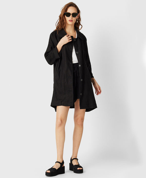 Model wearing the Swing Coat in Black Linen 