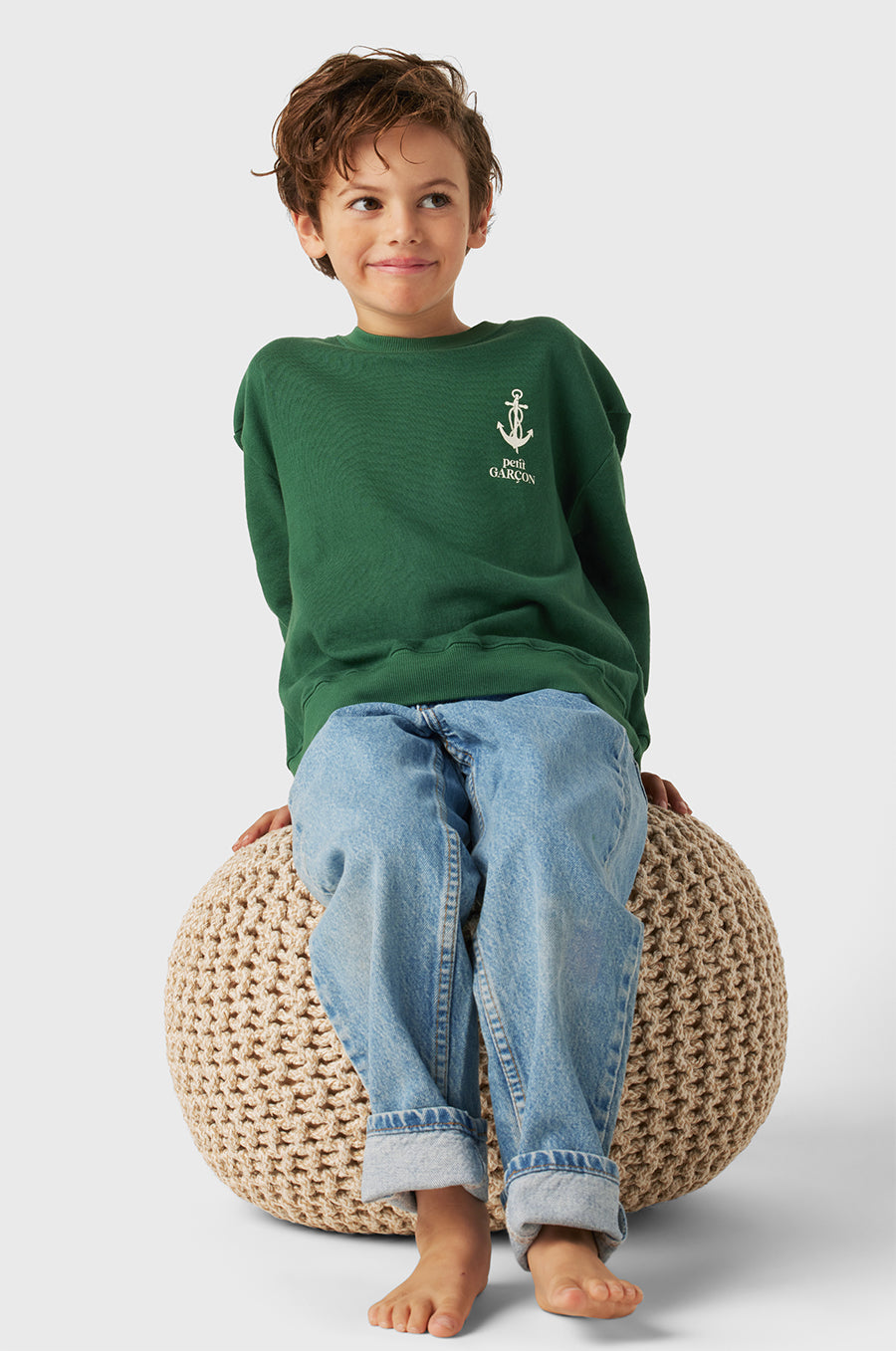 Model wearing Kids Petit Garçon Varsity Crewneck in Pine Organic Cotton little lady & petit sailor 