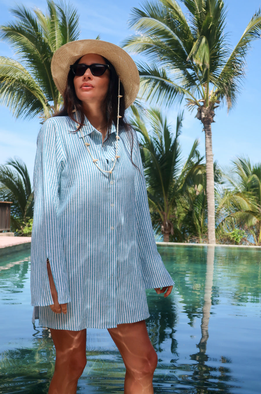 Model wearing the Side Slit Tunic in Ocean Stripe