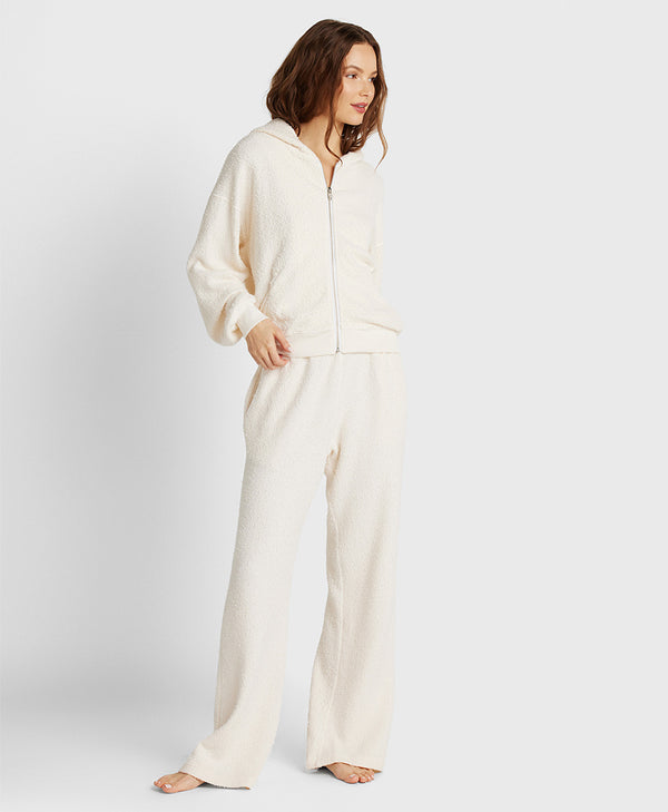 Model wearing the Zip Up Hoodie in Vanilla Bouclé