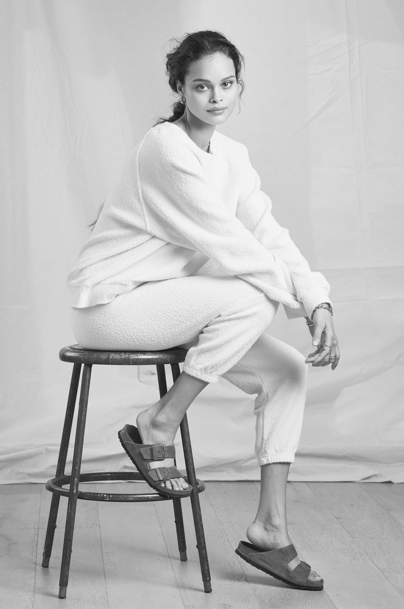 Model wearing the lady & the sailor Vintage Sweatpant in Vanilla Boucle 