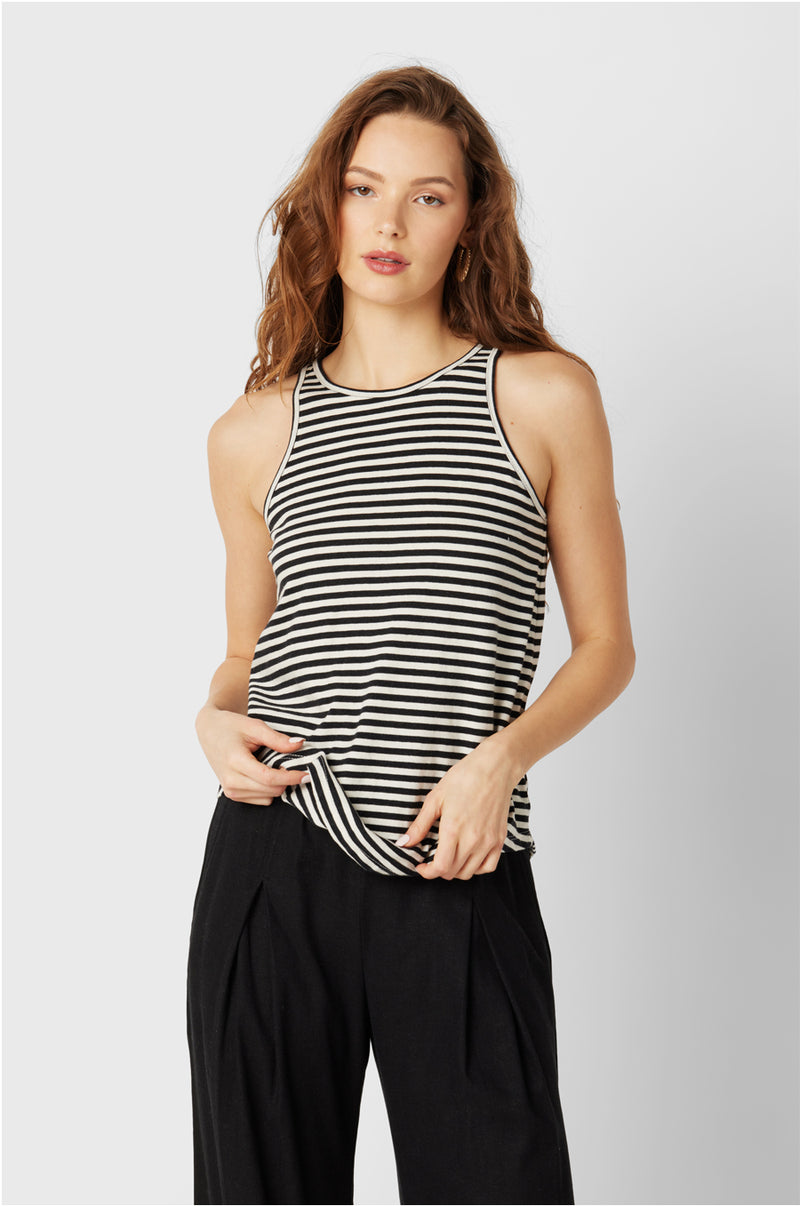 Brunette Model wearing the lady & the sailor the Bare Tank in Charcoal/Natural Stripe Organic Cotton.
