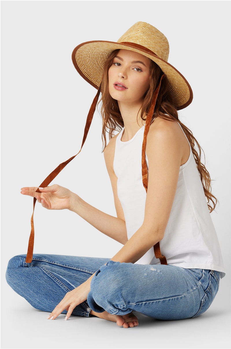 Model wearing the Ferruccio Vecchi Bella Rancher Hat in Honey + Cognac.