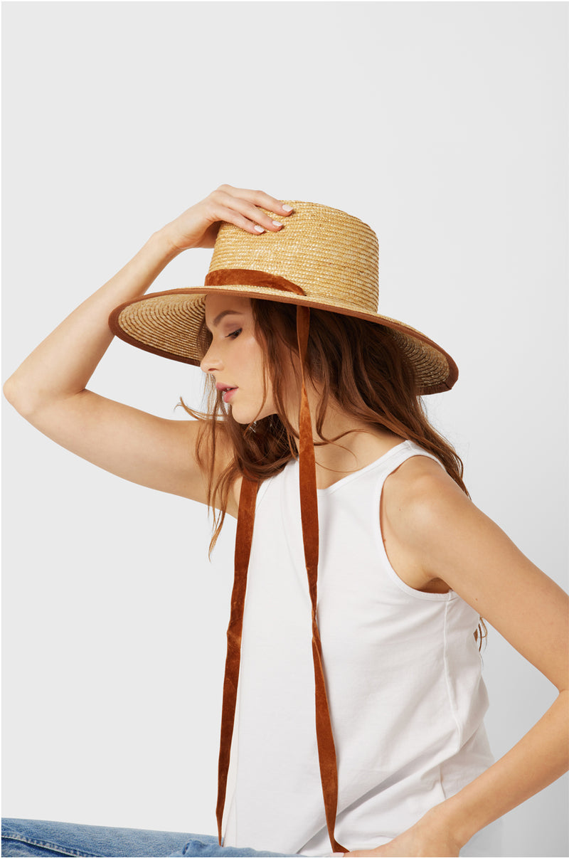 Model wearing the Ferruccio Vecchi Bella Rancher Hat in Honey + Cognac.