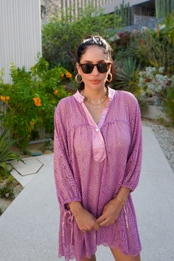 Model wearing Billow Sleeve Tunic Mini Dress in Lavender Lace.