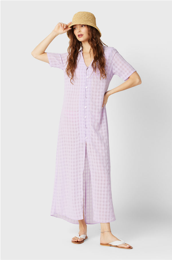 Model wearing the lady & the sailor Georgie Dress in Lilac Gingham.