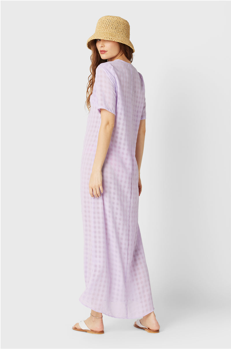 Model wearing the lady & the sailor Georgie Dress in Lilac Gingham.