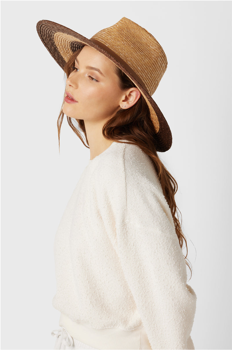 Model wearing the Ferruccio Vecchi Bella Rancher Hat in Stripe.