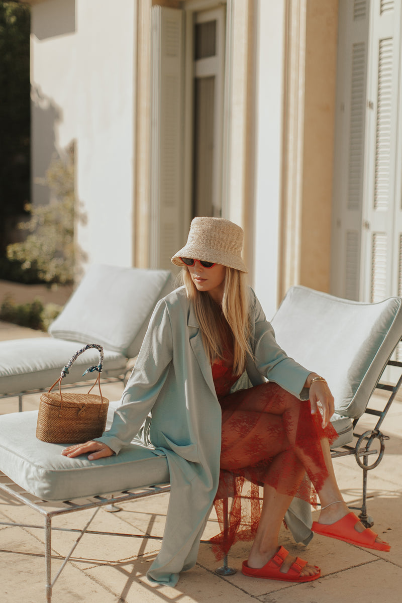 BELTED COAT IN SEAGLASS AIR FLOW