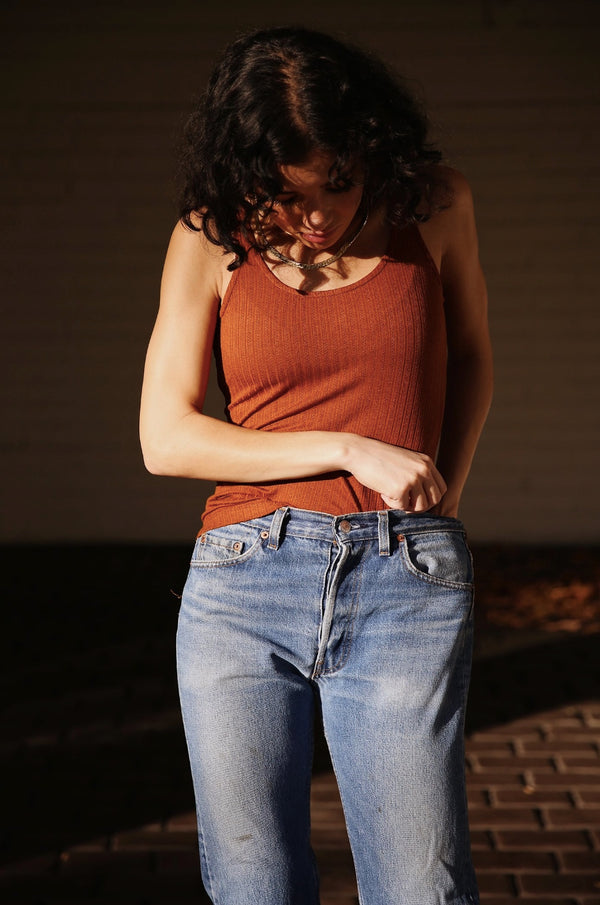 Model wearing the lady & the sailor Layer Tank in Copper Pointelle.