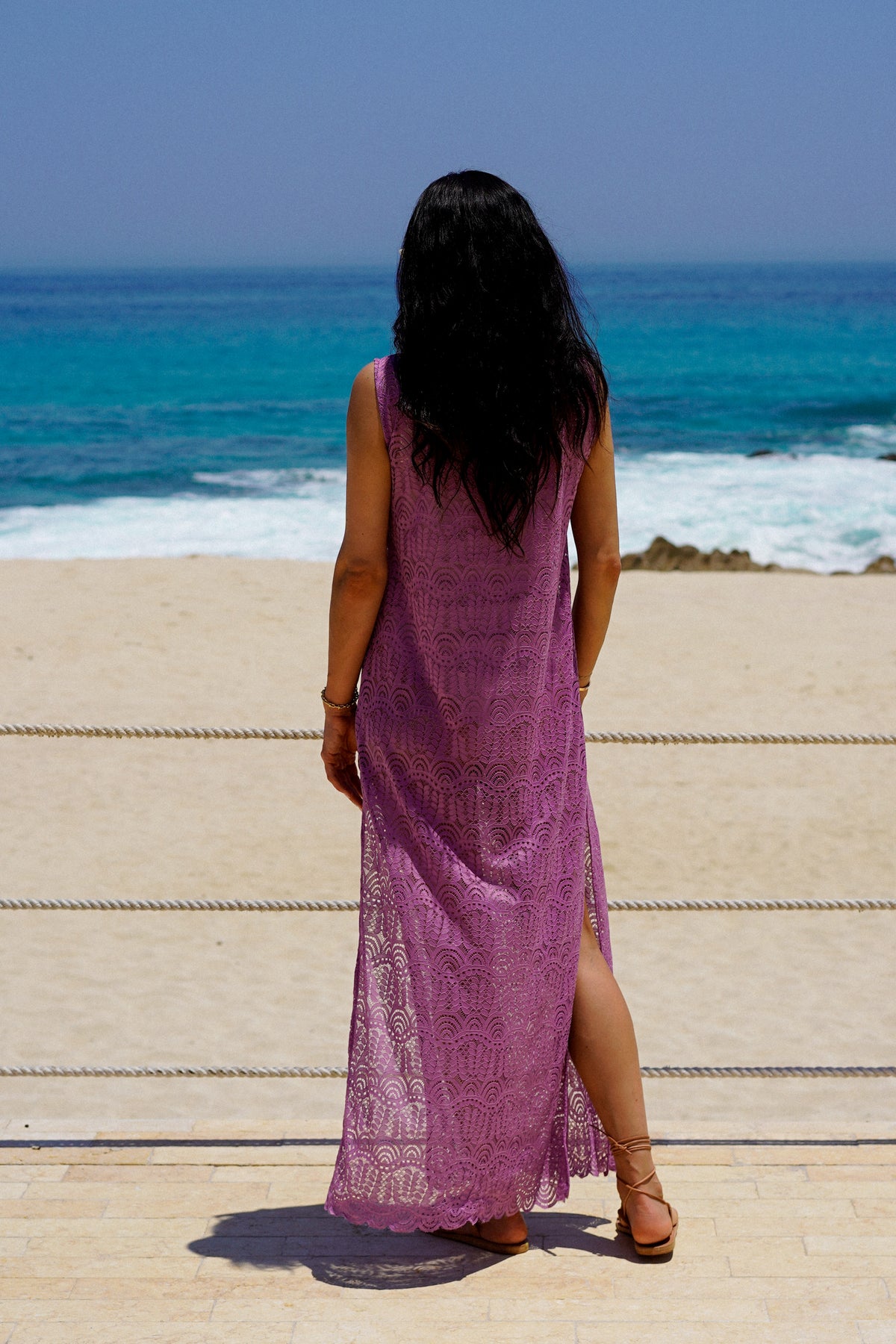 Model wearing the lady & the sailor Long Shift Tunic in lavender lace.