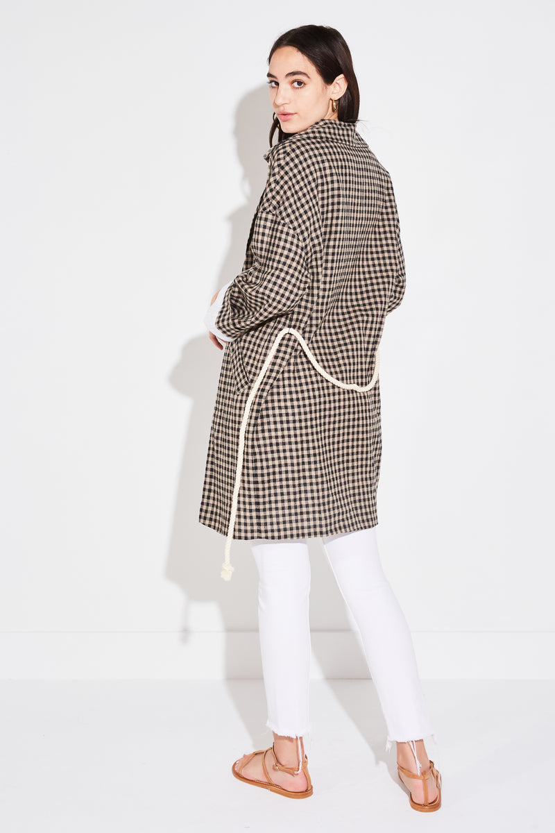 Model wearing the lady & the sailor Relaxed Collared Coat in Taupe Gingham