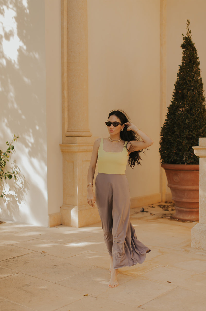 Brunette Model wearing the lady & the sailor Charlie Dress in Citrine & Dusk.