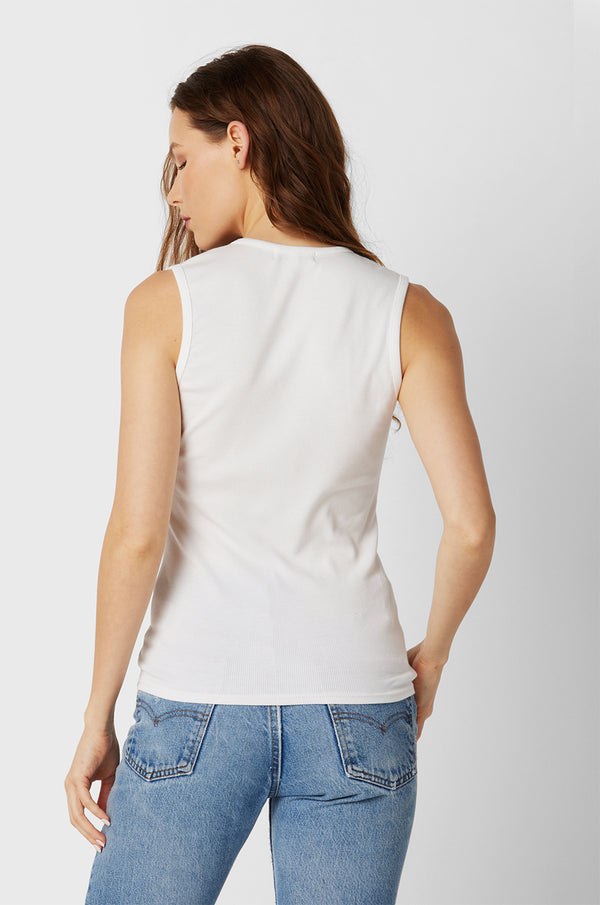 Brunette Model wearing the lady & the sailor Scoop Neck Tank in White Classic Rib.