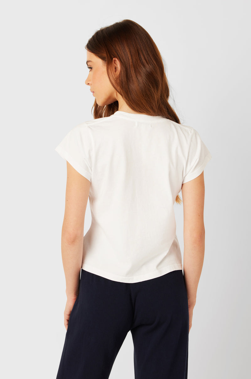 Brunette Model wearing the lady & the sailor Shrunken BF Tee in White Luxe Cotton.